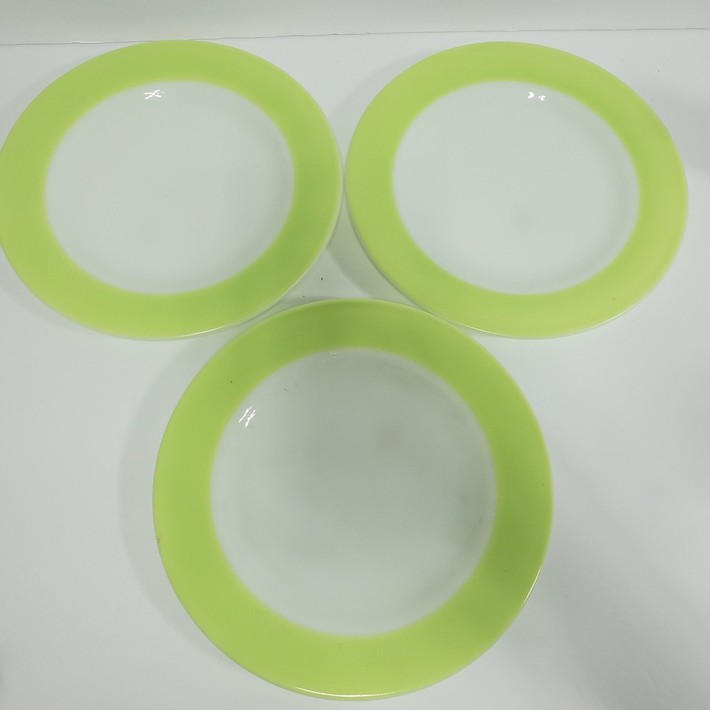 Pyrex Dinner Plates Set of 3 9" Lime Green Chartreuse Band Vintage Milk Glass